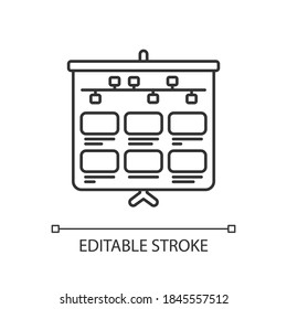 Icono lineal del guión gráfico. Paso de producción profesional de animación. Flujo de marcos en pizarra. Ilustración personalizable de línea delgada. Símbolo de contorno. Dibujo de contorno aislado del vector. Trazo editable