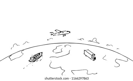 storyboard on which there is a globe,a ship,a truck and a flying airplane,illustration of a vector sketch from a cartoon storyboard project.