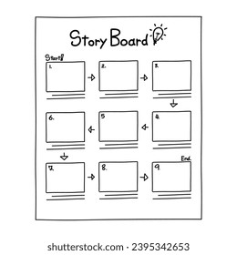 esbozo de guión gráfico y pasa el proceso de la idea de la historia al guión gráfico, boceto dibujado a mano, dibujo infográfico simple, vector