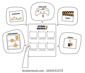 storyboard sketch and the usage of storyboards in different work styles, hand drawn vector design