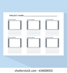 Storyboard template in form of a film. Scenario for media production. Flat vector cartoon illustration. Objects isolated on a white background.