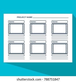 Storyboard template in form of a film. Scenario for media production. Flat vector cartoon illustration. Objects isolated on a white background.