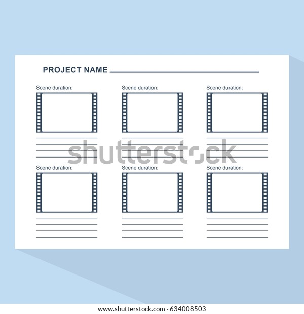 Storyboard template in form of a film.\
Scenario for media production. Flat vector cartoon illustration.\
Objects isolated on a white\
background.