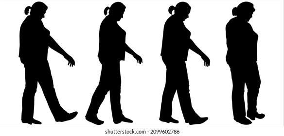 Storyboard Of A Walking Woman. Women In Pants, Trousers And A T-shirt, Blouse. Four Black Female Silhouettes Isolated On White Background. Side View. A Series Of Steps For Animation. Step By Step.