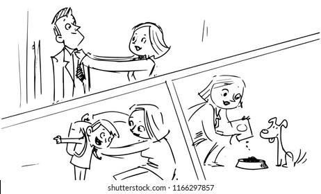 storyboard in which a lady is tying her husband's tie, helps the child to put on a school backpack and give food to the dog,illustration of a vector sketch from a cartoon storyboard project