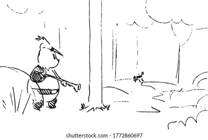storyboard in which the panda bear is in the forest with a hat on his head and a gun in his hand, illustration of a vector sketch from a cartoon storyboard project.