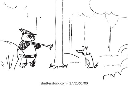storyboard in which the panda bear is in the forest with a hat on his head and a puska in his hand, he pointed the gun at the wolf, illustration of a vector sketch from a cartoon storyboard project.