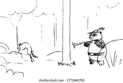 storyboard en el que el oso panda está en el bosque con un sombrero en la cabeza y un puska en la mano, mira al zorro, ilustración de un dibujo vectorial de un proyecto de storyboard de dibujos animados.