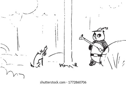 storyboard en el que el oso panda está en el bosque con su sombrero puesto y su puska en la mano, el oso panda está mirando al lobo, ilustración de un dibujo vectorial de un proyecto de storyboard de dibujos animados.
