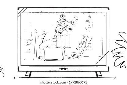 storyboard in which it is a TV on which it is drawn how the wolf scares the little red riding hood, illustration of a vector sketch from a cartoon storyboard project,cartoon little red riding hood.
