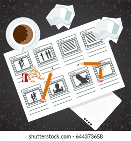 Storyboarding process image. Flat vector cartoon illustration. Objects isolated on a white background.