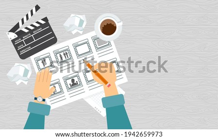 Storyboarding process image. Flat vector cartoon illustration. Objects isolated on a wooden background. ストックフォト © 