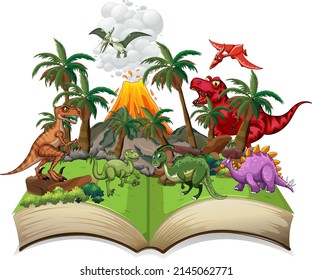 Storybook with dinosaurs in the field illustration