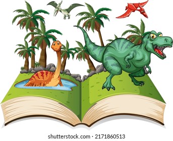 Storybook with dinosaurs in jungle illustration