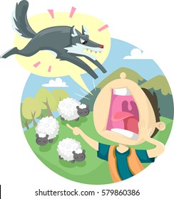 Storybook Illustration Featuring the Classic Fable of The Boy Who Cried Wolf