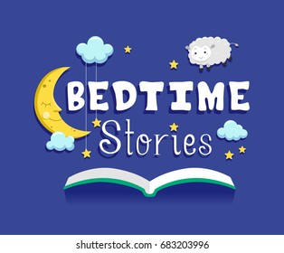 Storybook Illustration Featuring an Open Book with a Moon, Stars, Clouds, and Sheep Hovering Over It