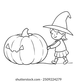 Storybook illustrations small witch pushing a large Jack-o'-lantern, Halloween patterns, web design, children's books. Whimsical and child-friendly design