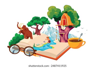 Storybook imagination. Fairy tale story book world enjoy reading, magic journey inside fairytale fantastic books or textbook literature prehistoric storytelling vector illustration