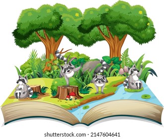 Storybook with raccoons in forest illustration