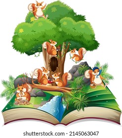 Storybook with squirrels in forest illustration