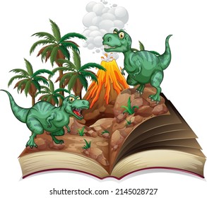 Storybook with two tyrannosaurus rex by volcano illustration
