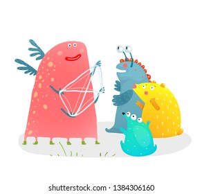 Storyteller or Education with Strings and Kids Monsters. Funny monster character telling story with strings in hands for children.