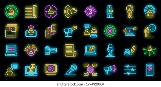 Storyteller icons set. Outline set of storyteller vector icons neon color on black