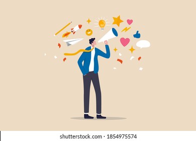 Storytelling, the art of communication or telling and share idea, inspiration, promote marketing campaign in advertising concept, smart businessman marketer using megaphone to tell their story.