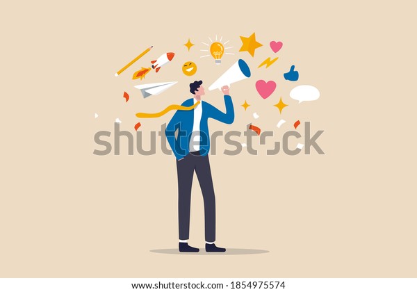 Storytelling, the art of communication or telling\
and share idea, inspiration, promote marketing campaign in\
advertising concept, smart businessman marketer using megaphone to\
tell their\
story.