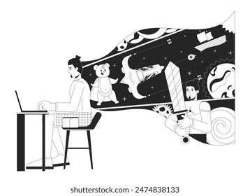 Storytelling by talented man author black and white 2D illustration concept. Caucasian male writer at laptop cartoon character isolated on white. Fantasy world metaphor monochrome vector art