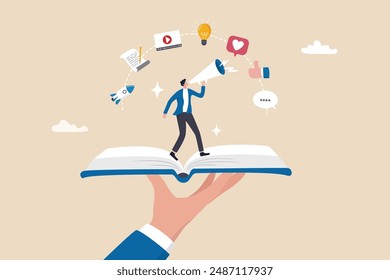 Storytelling communicate brand story or idea to listener, narrative message, content or article writing or advertising creativity concept, young man on opening book telling story on megaphone.