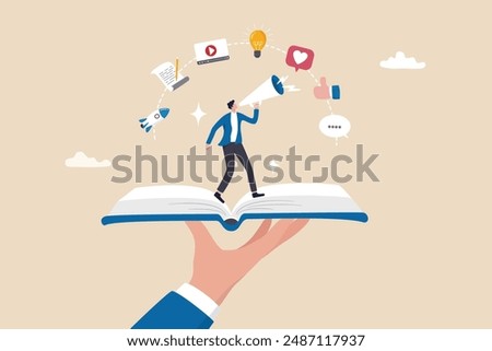 Storytelling communicate brand story or idea to listener, narrative message, content or article writing or advertising creativity concept, young man on opening book telling story on megaphone.