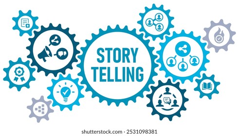 Storytelling concept banner web website icons , vector illustration concept with icons of creative, brand, content, marketing, communication, viral, emotion, share, white background solid icons,