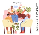Storytelling concept. Friendly gathering sharing stories in a cozy living room with speech bubbles. Casual chit-chat among diverse friends indoors. Vector illustration.