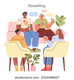 Storytelling concept. Friendly gathering sharing stories in a cozy living room with speech bubbles. Casual chit-chat among diverse friends indoors. Vector illustration.