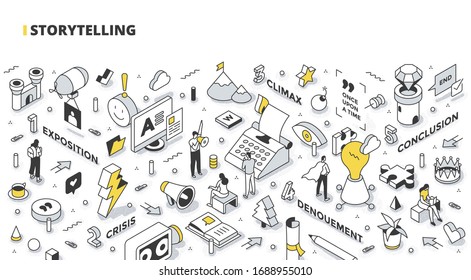 Storytelling concept. Stages of successful story structure: exposition, crisis, climax, denouement, conclusion. Building up customer interest. Communication technology. Outline isometric illustration