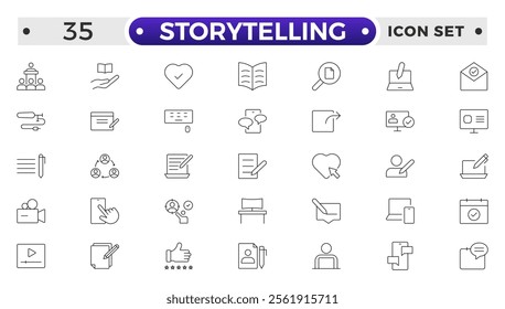 Storytelling and content creator Outline icon, creative campaign among blog audience, article and typewriter of author. Storytelling thin line icons set vector illustration.
