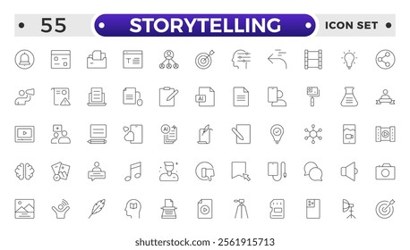 Storytelling and content creator Outline icon, creative campaign among blog audience, article and typewriter of author. Storytelling thin line icons set vector illustration.
