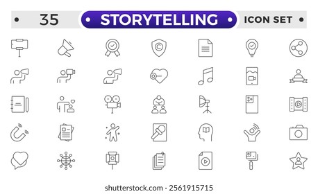 Storytelling and content creator Outline icon, creative campaign among blog audience, article and typewriter of author. Storytelling thin line icons set vector illustration.
