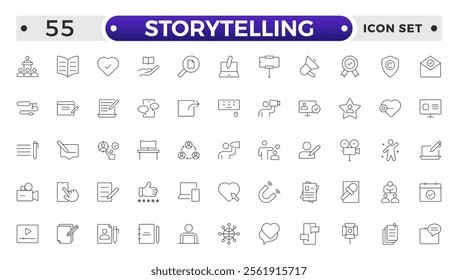 Storytelling and content creator Outline icon, creative campaign among blog audience, article and typewriter of author. Storytelling thin line icons set vector illustration.
