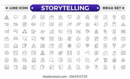 Storytelling and content creator Outline icon, creative campaign among blog audience, article and typewriter of author. Storytelling thin line icons set vector illustration.
