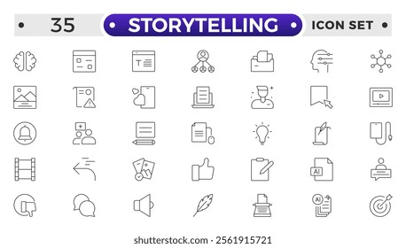 Storytelling and content creator Outline icon, creative campaign among blog audience, article and typewriter of author. Storytelling thin line icons set vector illustration.
