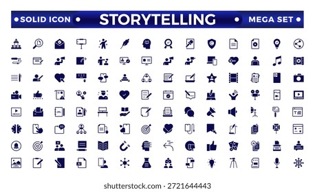 Ícone sólido de contador de histórias e criador de conteúdo, campanha criativa entre o público do blog, artigo e máquina de escrever do autor. Contar histórias ícones sólidos finos definir ilustração vetorial.