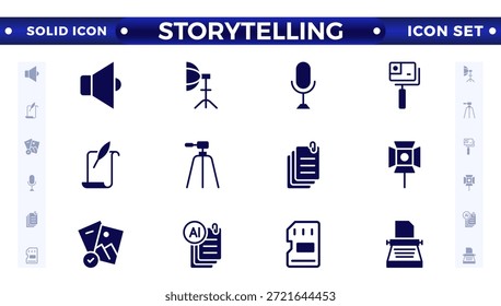 Ícone sólido de contador de histórias e criador de conteúdo, campanha criativa entre o público do blog, artigo e máquina de escrever do autor. Contar histórias ícones sólidos finos definir ilustração vetorial.