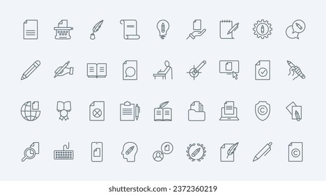 Storytelling, copywriting line icons set vector illustration. Abstract thin outline authors symbols to write blog content and articles, pencil and pen, copyright patent protection for original text