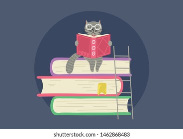 Storytelling. Fantasy clever cat reading book. Cat sitting on stack of books.Vector illustration. 