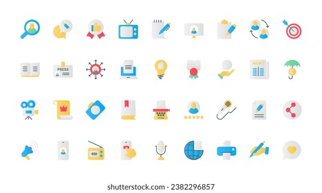 Storytelling flat icons set vector illustration. Black symbols collection of author telling a story, news interview of journalist, digital content and information of a blogger in social media.