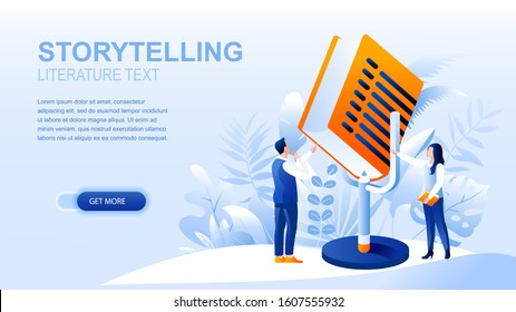 Storytelling flat landing page with header, banner vector template. Sharing stories, reading books, literature text website layout. Online bookshop webpage. People cartoon characters