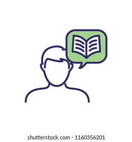 Storytelling Icon with Photo, Speech Bubbles, and person telling a brand - advertising story