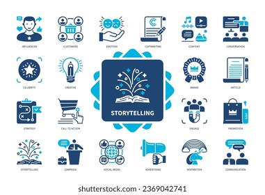 Storytelling icon set. Influencer, Customers, Communication, Social Media, Creative, Advertising, Article, Promotion. Duotone color solid icons